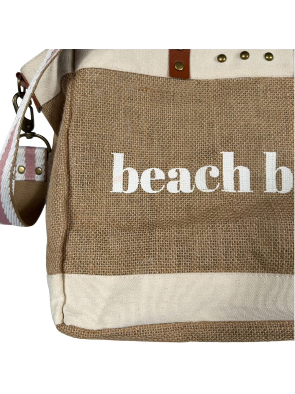 Beach Bum Canvas Jute Tote Bag Beige Brown Striped Strap Casual Travel Women's - Picture 2 of 10